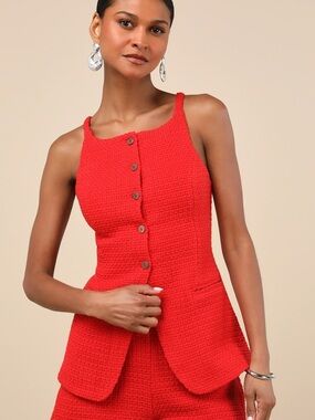 NWT Lulu’s Mariette Red Knit Button-Front Vest Top Medium Preppy Classic Chic